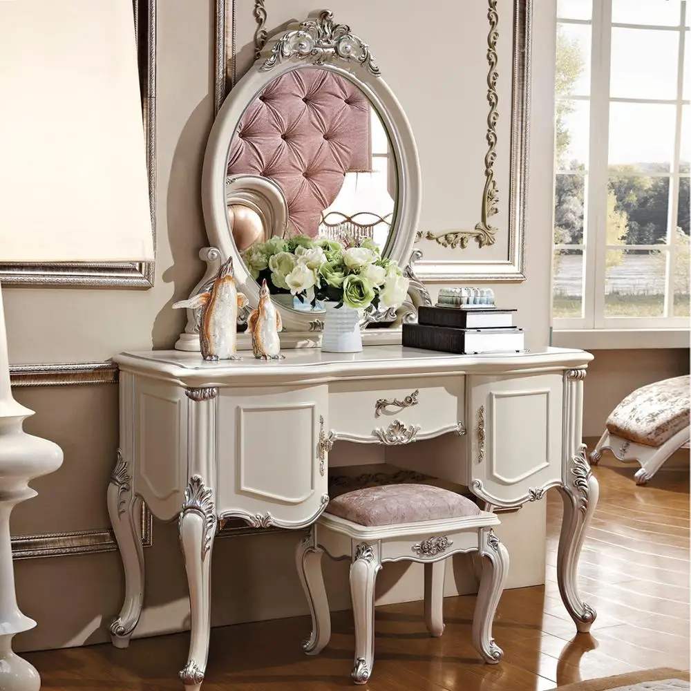 Royal Classical French Style Solid Wood Makeup Dressing Table With Stool For Bedroom For Sale