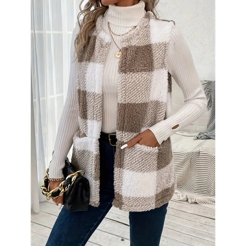 Plus Size 1XL-5XL Casual Jacket  Women\'s Plaid Print Teddy Fleece Open Front Round Neck Vest Jacket