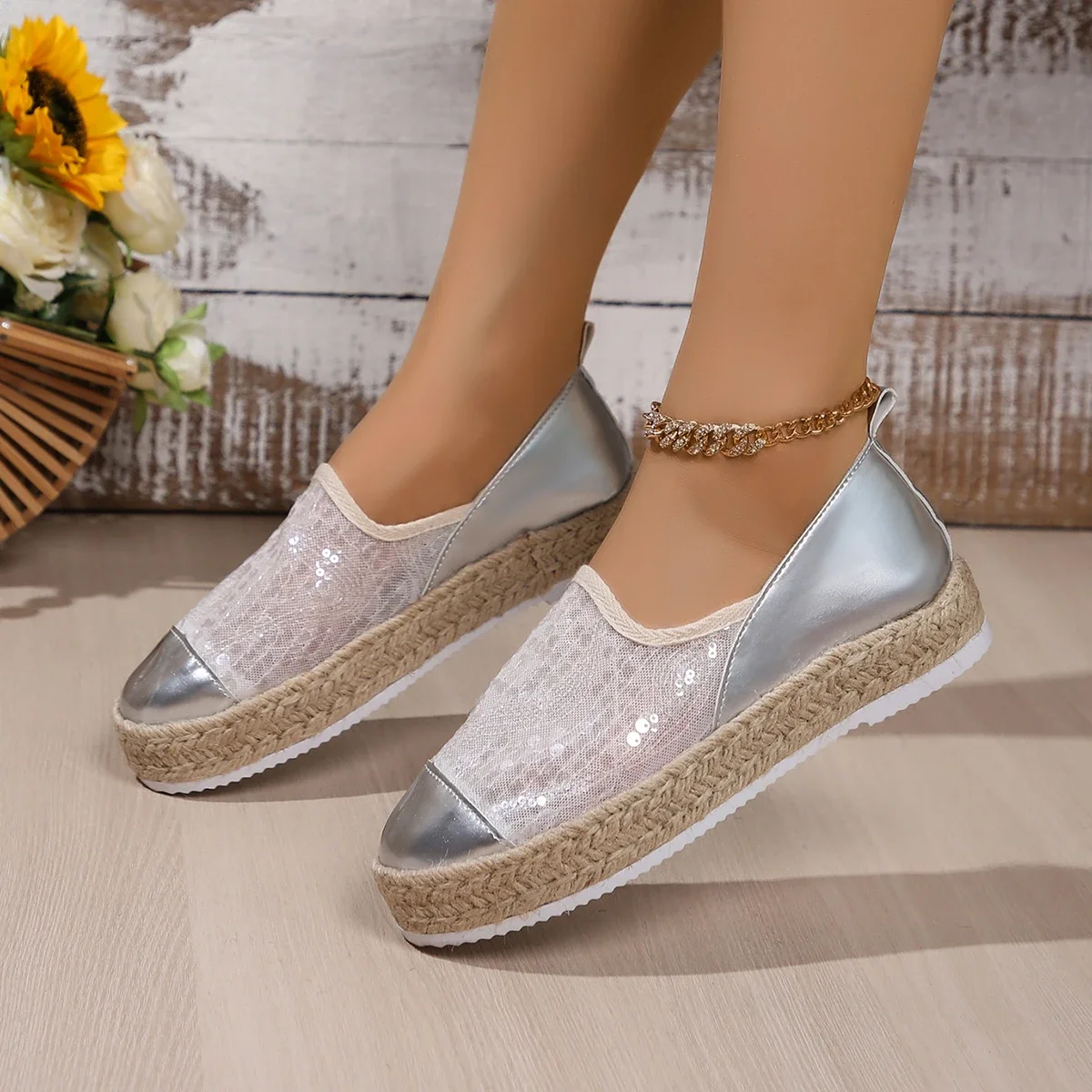 Splicing Sequins sapatos casuais para mulheres, moda slip-on malha tênis, mocassins vulcanizados, tamanho grande 43