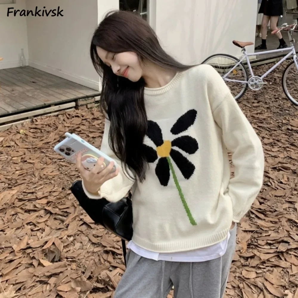 

Women Floral Design Pullovers Long Sleeve Loose Knitting Japanese Style Creativity Youthful Streetwear Vintage Tees Classical