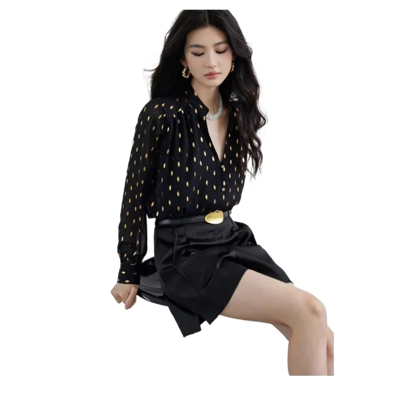 Gold-embossed Chiffon with Golden Leaf Pattern Custom-made Gold-sprinkled Glass Clasp Small Stand-up Collar Loose Straight Shirt