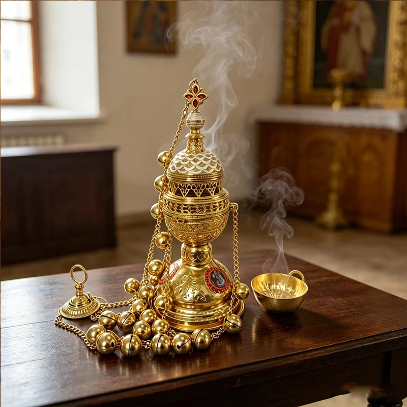 Vintage vergoldeter orthodoxer hängender Weihrauchbrenner mit emaillierten Ikonen und Glocken für den Heimaltar, Gebet, Andacht, christliche religiöse Zeremonien – Detail 4