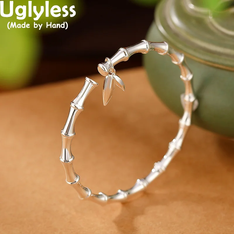 

Uglyless Vivid Bamboo Joints Bangles for Women Creative China Chic Jewelry Solid 999 Full Silver Bangles Push-pull Adjustable