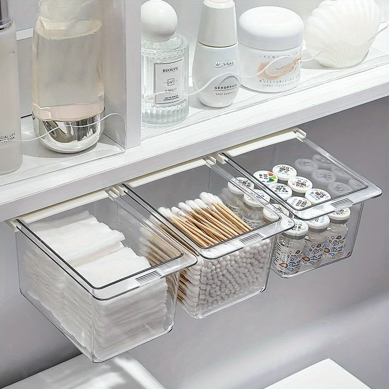 Bathroom Pull-Out Storage Drawer Style Storage Box Under The Mirror Cabinet  Transparent Bathroom Cotton Stick Makeup Cotton