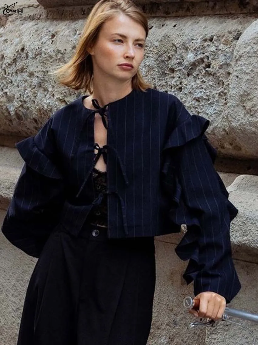 Oymimi Fashion Dark Blue Print Woman Blouses Autumn O-Neck Long Sleeve Lace-Up Blouses Casual Ruffled Crop Shirts Streetwear