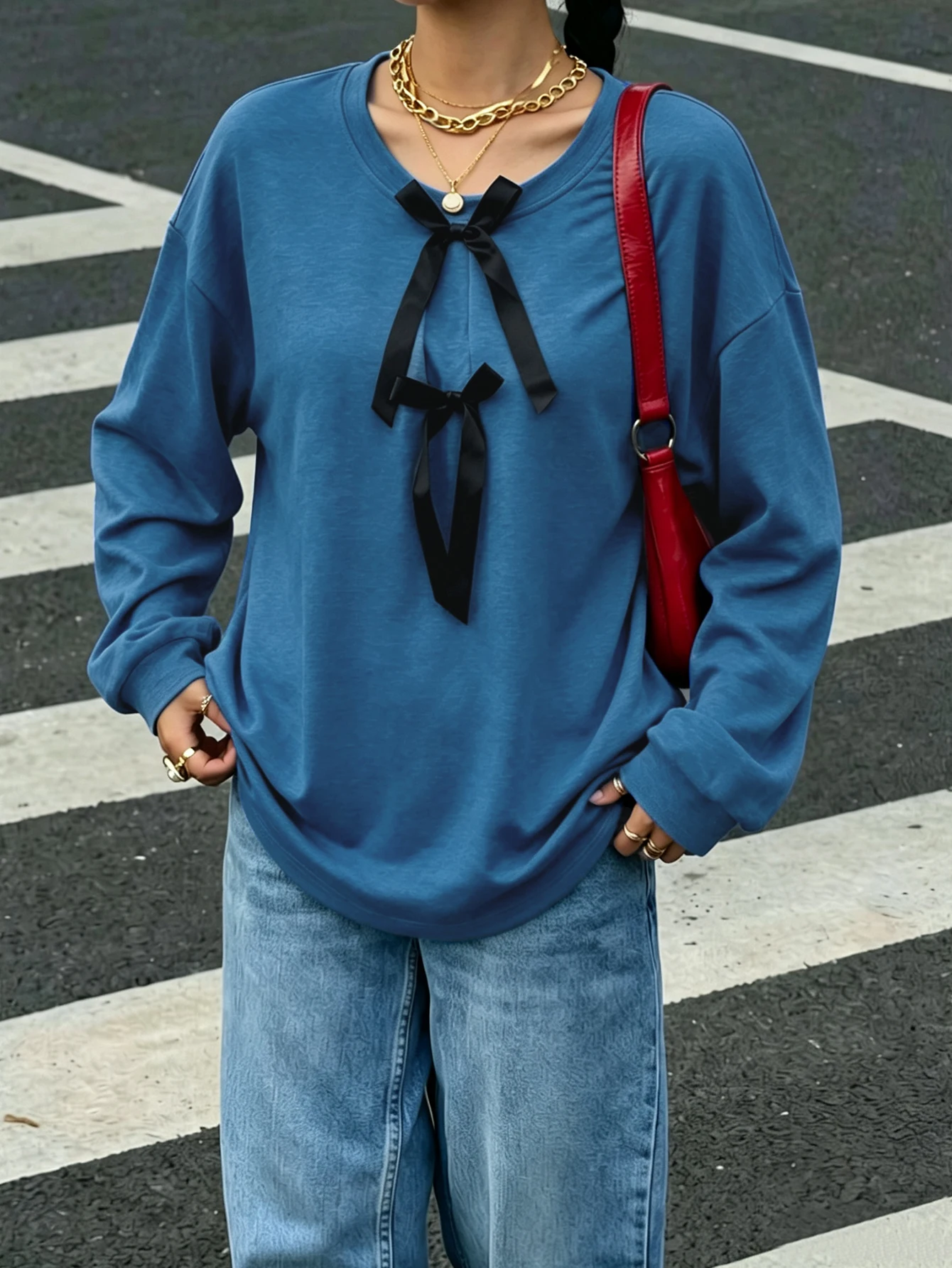 Plus-Size Women's All-Season Pajamas, Casual Loose Round-Neck Top with Double Bow, Can Be Worn Outside as Loungewear
