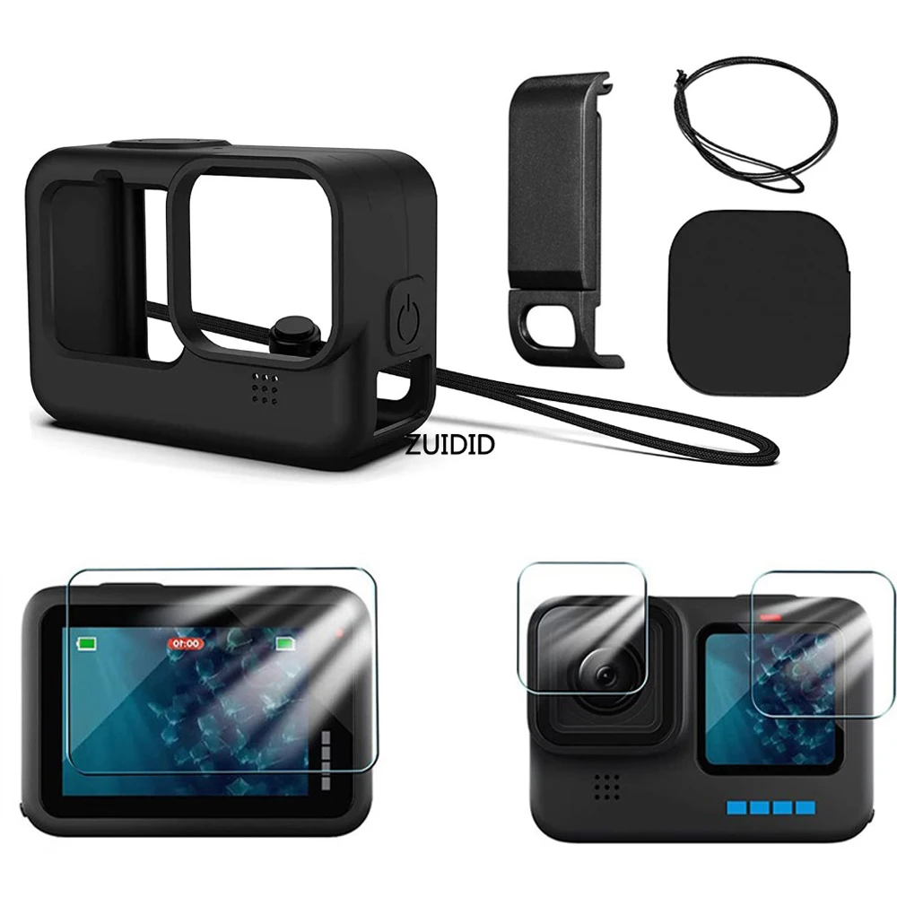 

ZUIDID for Gopro Hero 12 10 9 Black Silicone Protective Cover with Tempered Glass Film Battery Side Case for GoPro11 Accessories