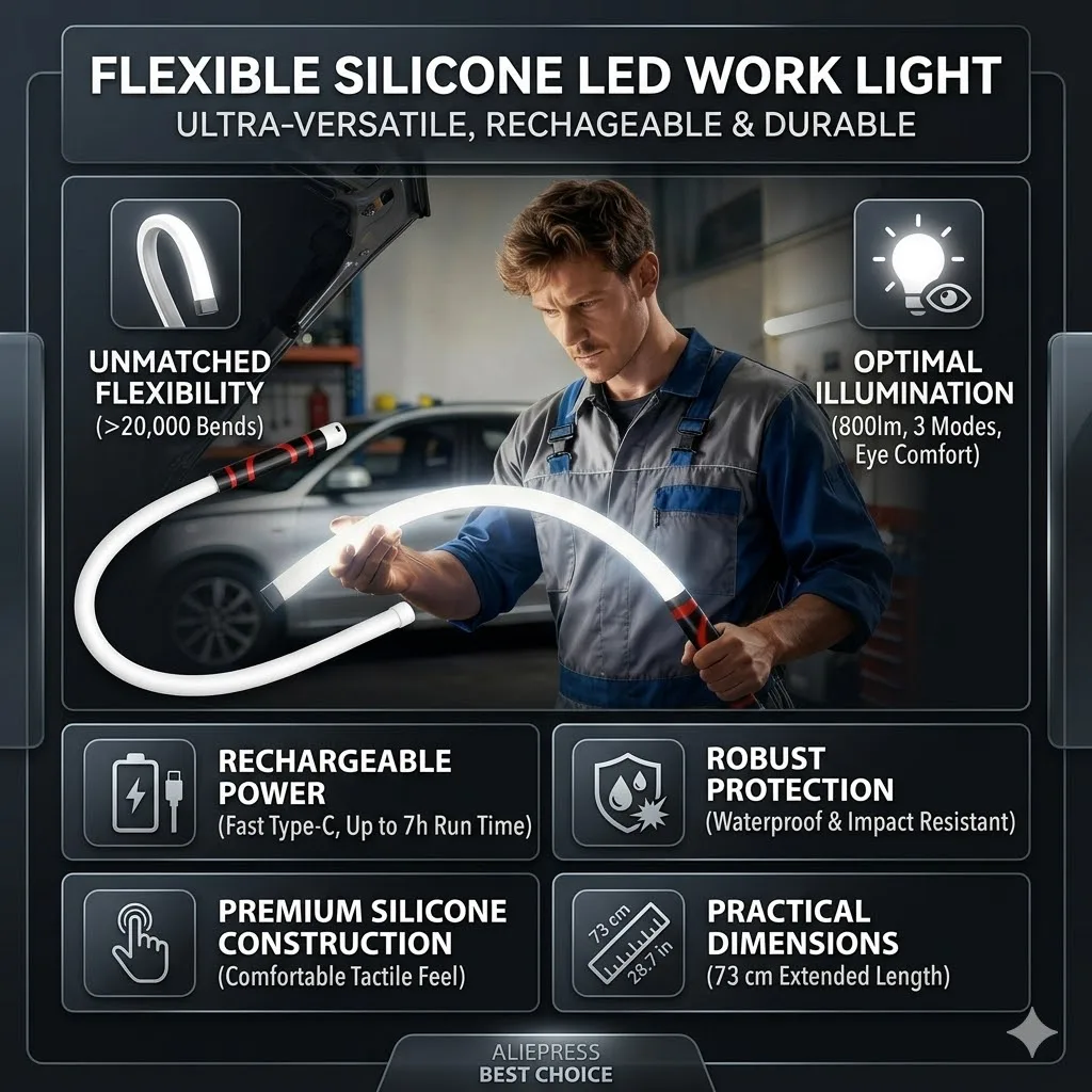 Rechargeable Flexible LED Work Light 800LM 3 Modes Bendable Silicone Handheld Inspection Flashlight for Mechanic Repair Camping