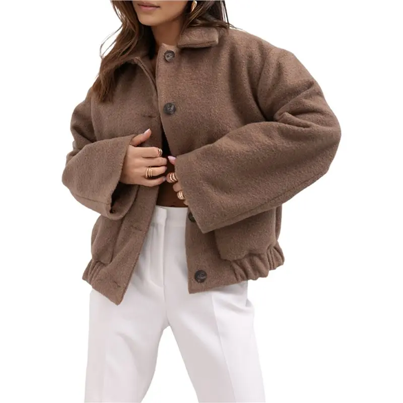 

CYL-Female Winter Cropped Wool Coat Single Breasted Casual Loose Short Wool Blend Pea Coat