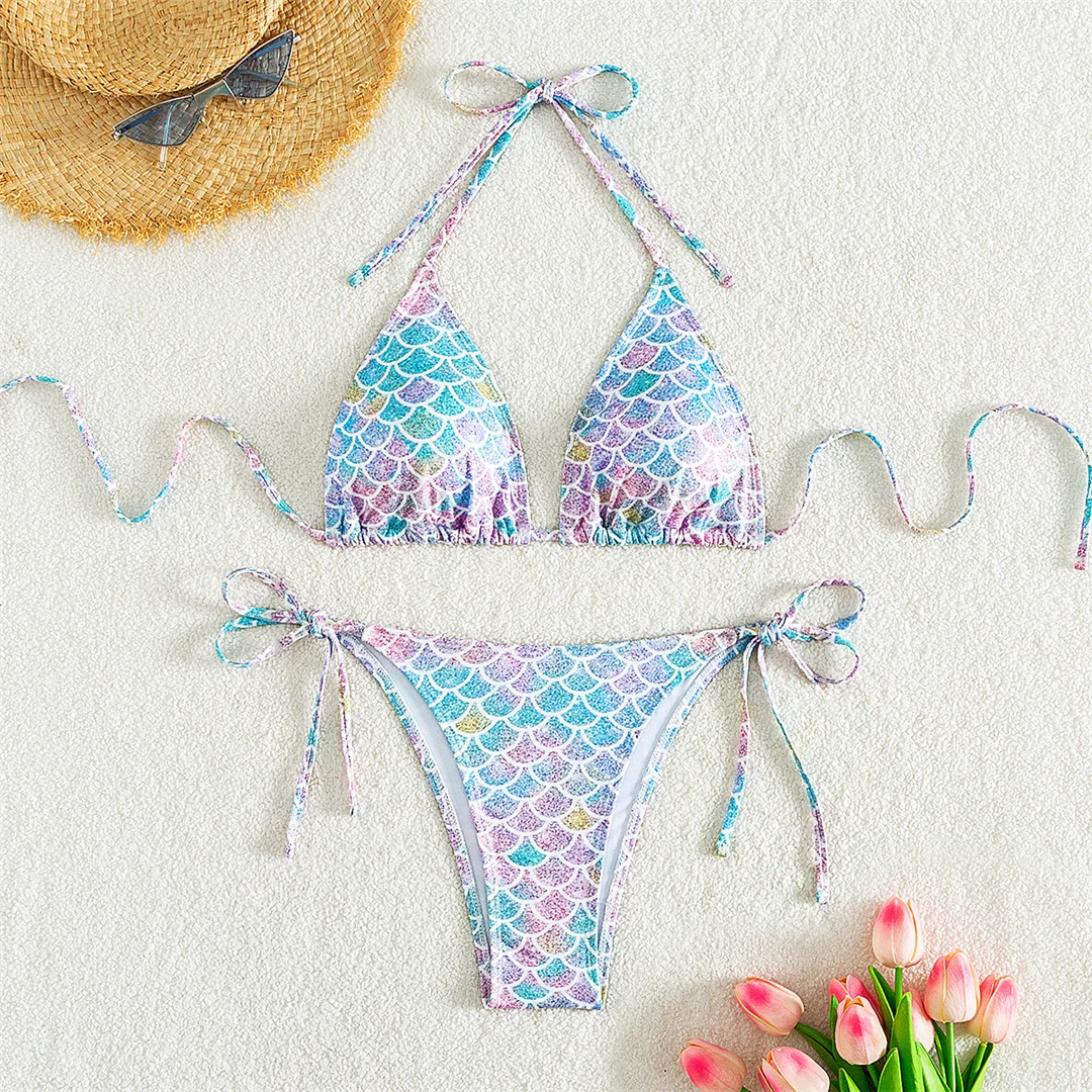 XS - L Bedruckter Neckholder-Bikini mit hohem Beinausschnitt, Damen-Badebekleidung, zweiteiliger Bikini-Set, Badeanzug, Badebekleidung, Schwimmanzug V5302 – Detail 9