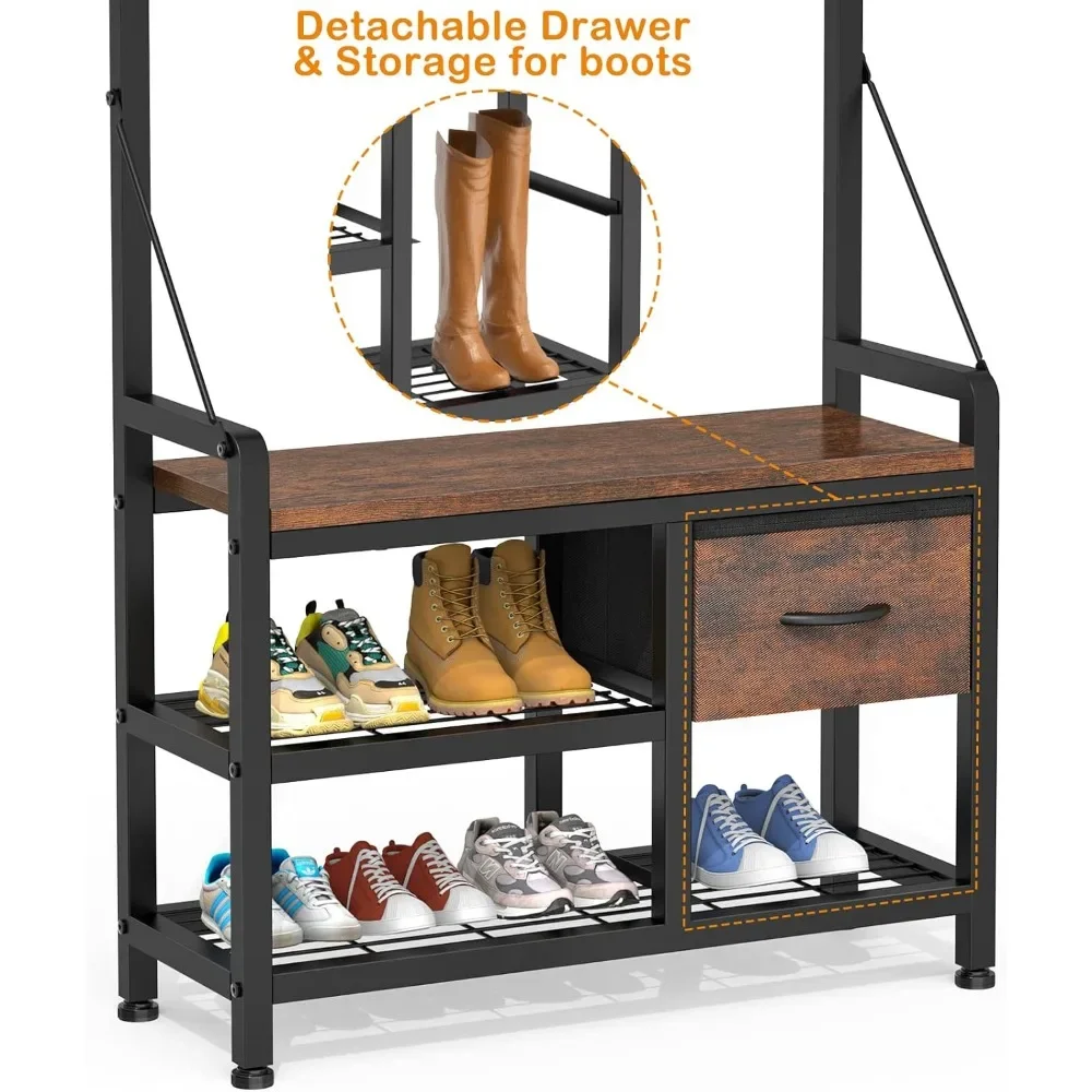 

Large shoe rack, entrance bench, freestanding clothes hanger, 5-in-1 smart design shoe stool and wall rack, 17 hooks and drawers