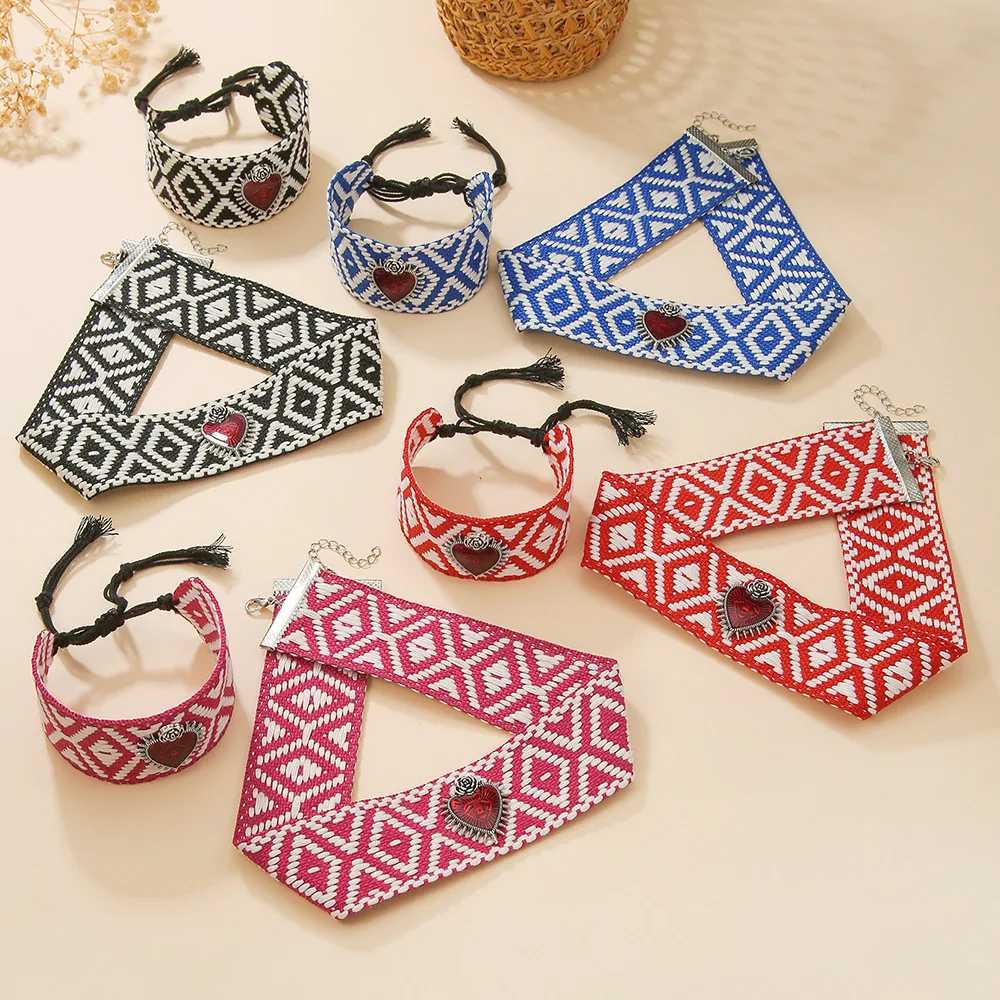 Meetvii Ethnic Style Retro Rose Heart Charm Jewelry Set for Women Simple Fabric Necklaces and Bracelets Dropshipping