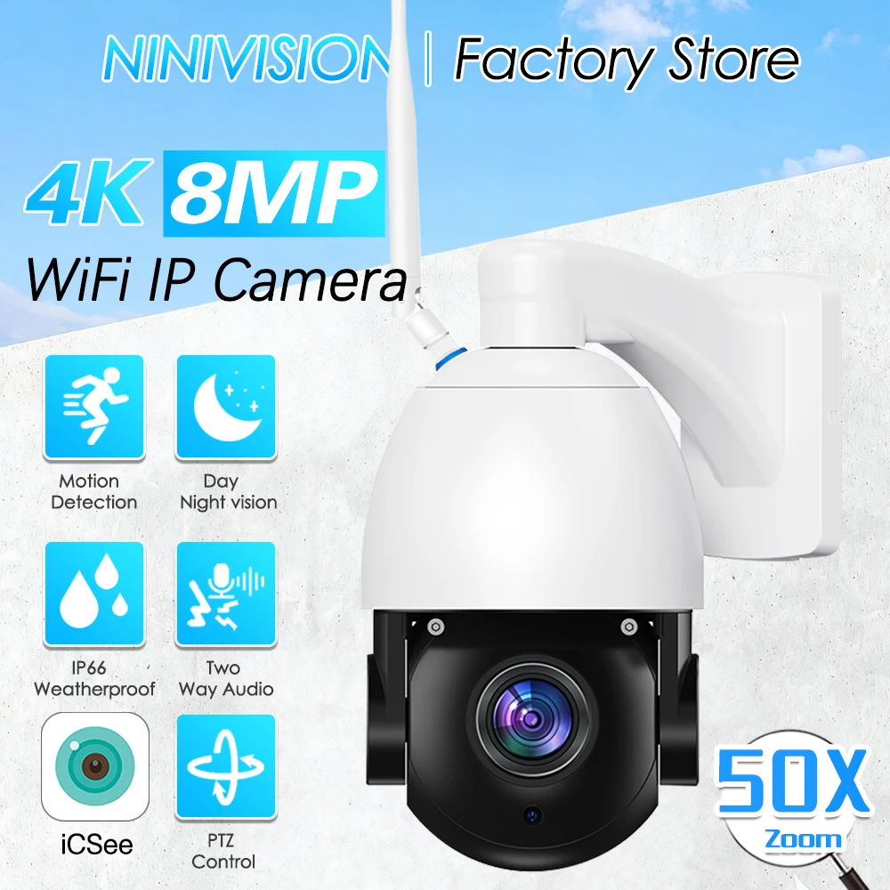 PTZ IPカメラ WiFi 8MP 4K 50倍ズーム CCTV 屋外 人感アラーム Onvif スピードドームカメラ 150M IR距離監視カメラ iCSeeアプリ対応