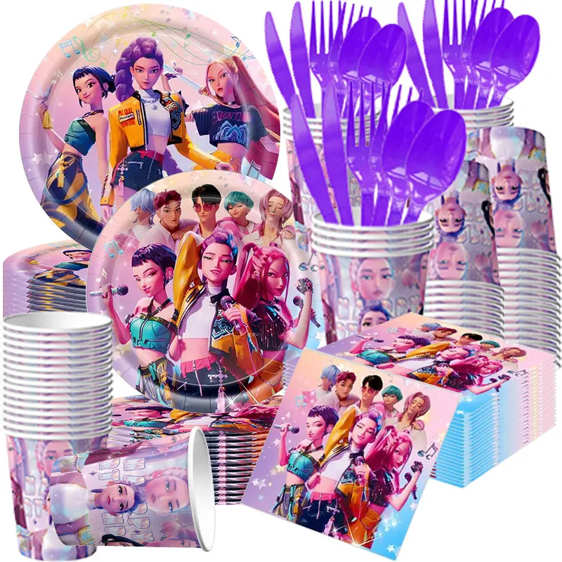 Kpop chasseurs de démons fournitures de fête d'anniversaire vaisselle assiette tasse serviette couverts chasseur de démons décoration d'anniversaire bannière ensemble de ballons