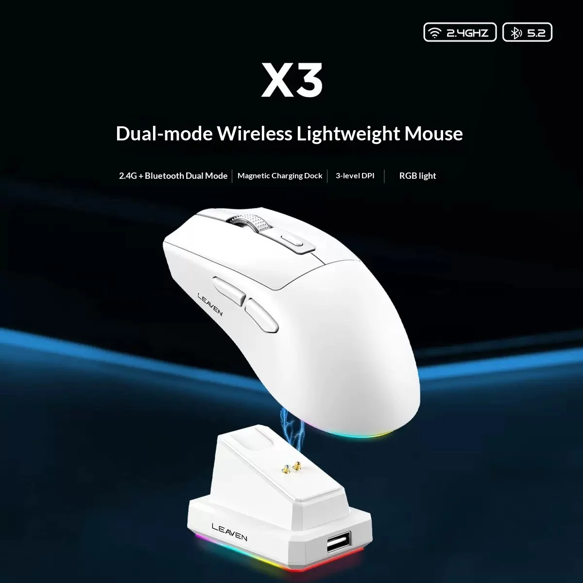 

X3 Wireless Mouse Bluetooth 2.4G Dual Mode Lightweight Gaming Mouse Rechargeable RGB Base Notebook Desktop Computer Peripheral