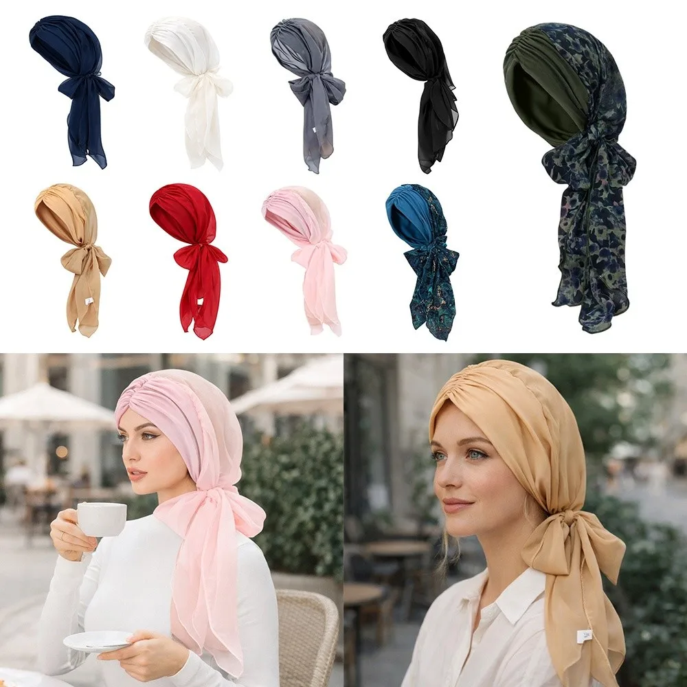 

Flower Hijab Caps Wrap Style Soft Polyester Islamic Bottoming Hat Elastic Breathable Pre-tie Turban Hat Women Headwear