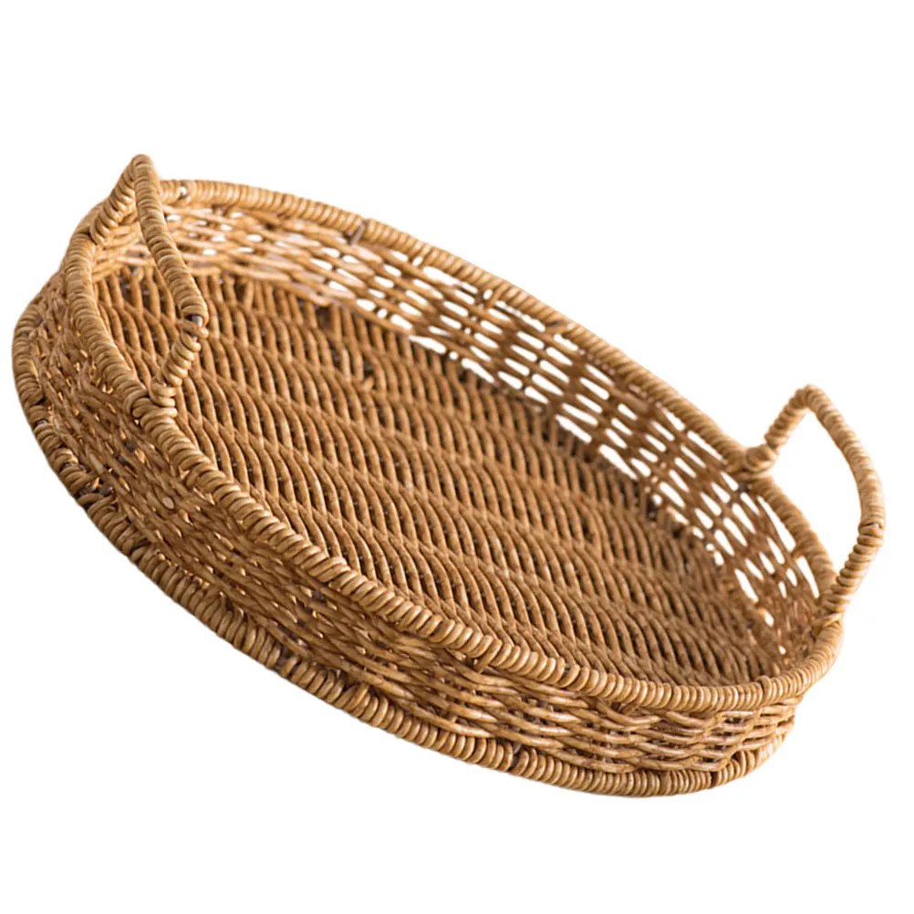 

Imitation Rattan Storage Basket Round Woven Serving Trays Hand Bread Fruit for with Handles Snack