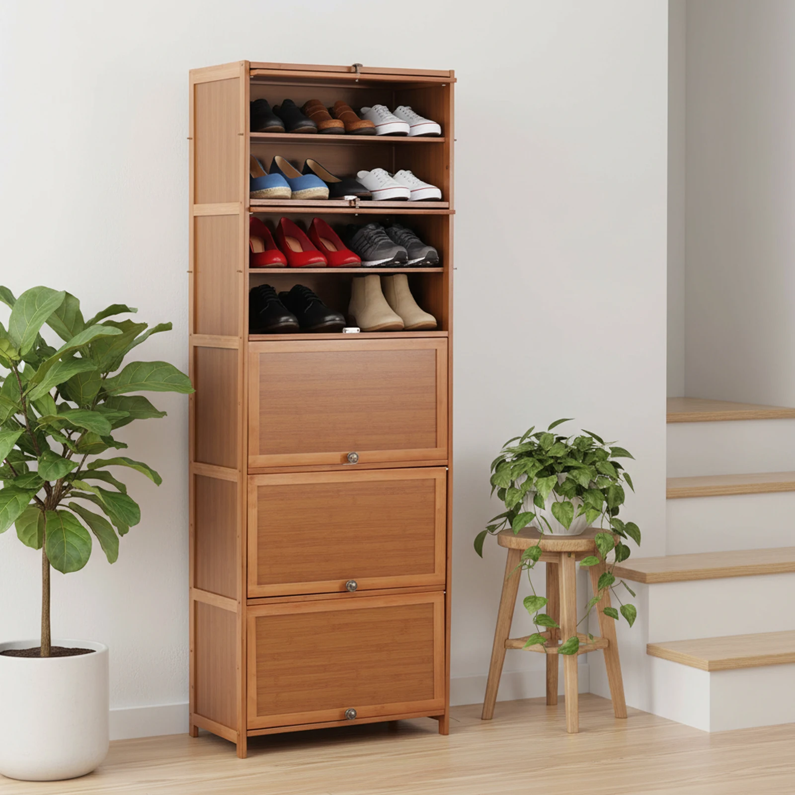 

Бамбуковый шкаф для хранения обуви с дверцами, 11-уровневая отдельно стоящая обувь, кроссовки на каблуке, полка для прихожей, офиса, гостиной, коричневый