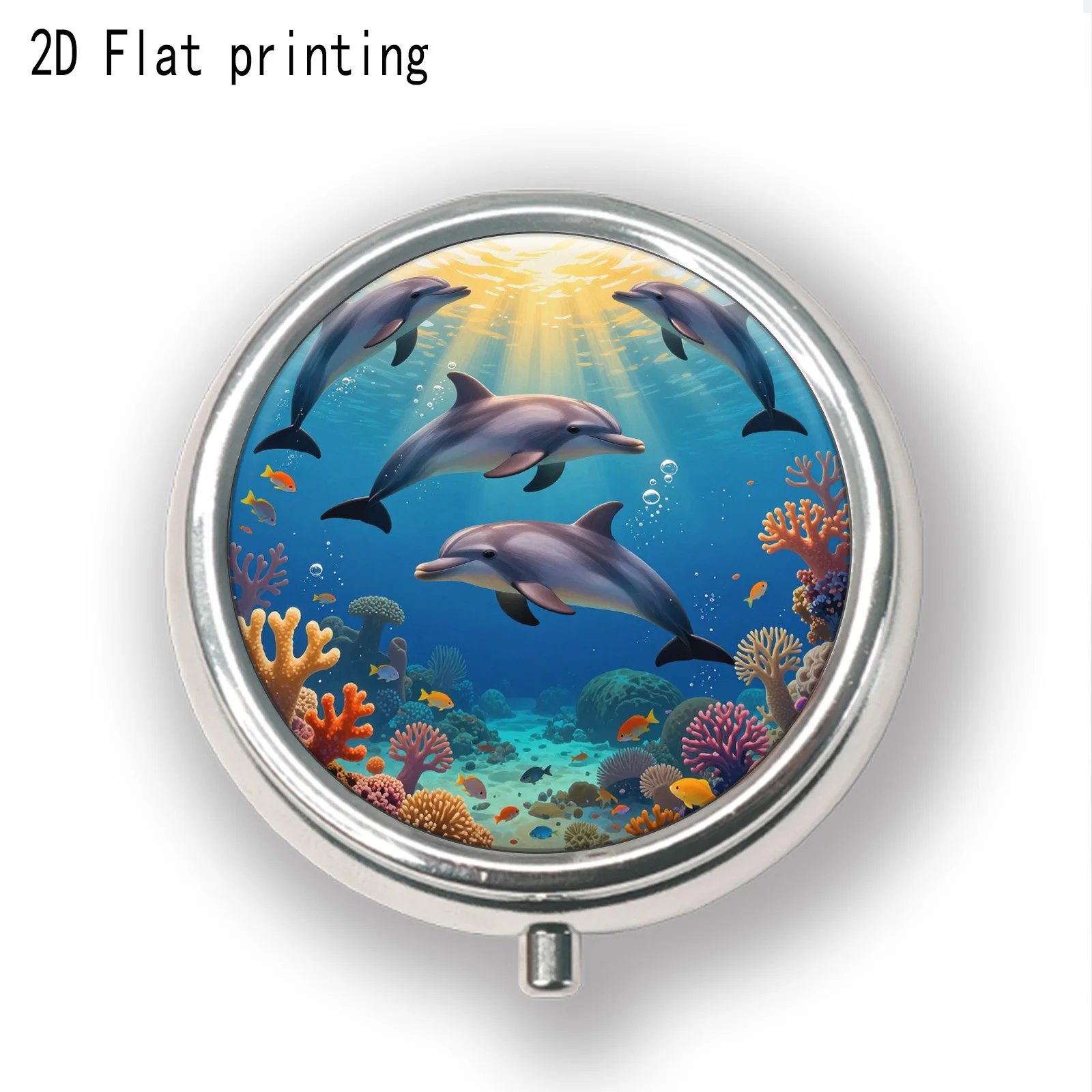 A three-compartment portable box with a dolphin and coral pattern, printed on one side. Sizeable storage box, portable accessory box, exquisite and convenient, an ideal choice for business trips and travel, flat design