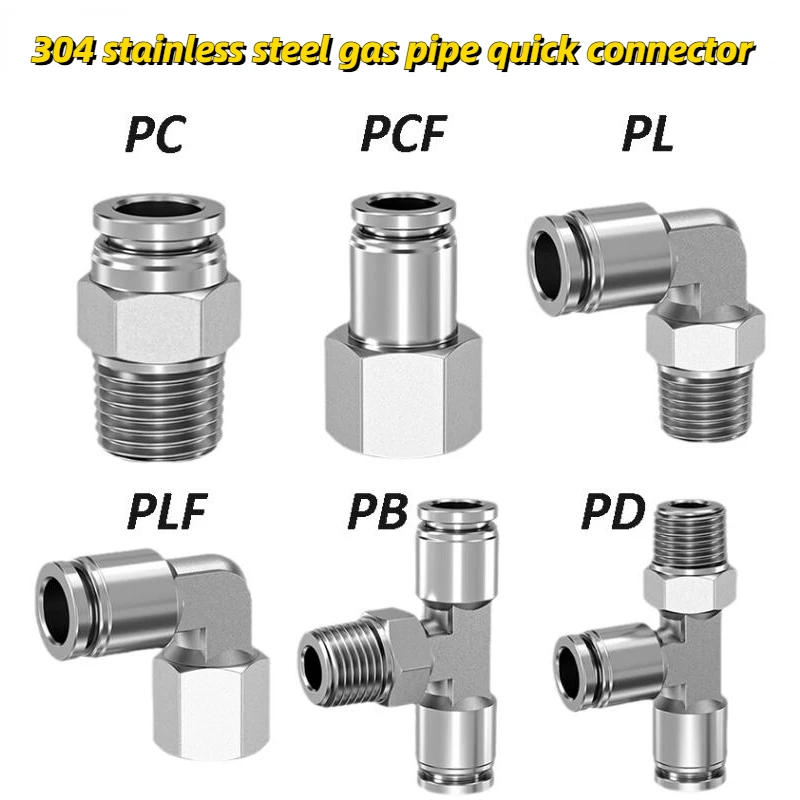 304 Stainless Steel Pneumatic Hose Fitting PC PCF PL PLF PB Air Tube Connector 1/8 1/4 3/8 1/2 BSP Quick Release Pipe Fittings