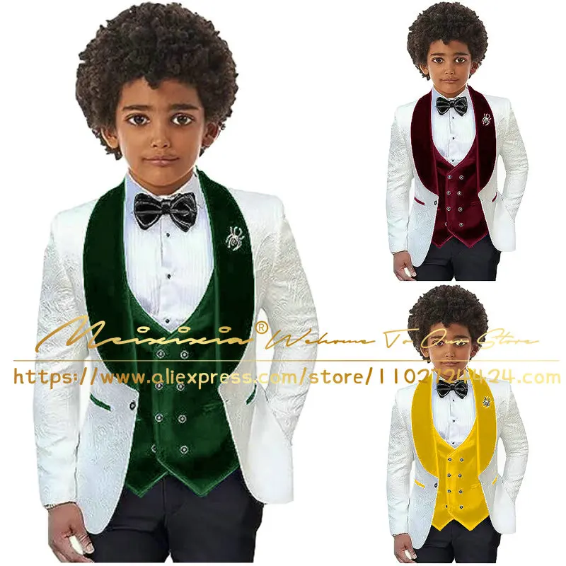 Boys Suits 3pcs Wedding Tuxedo White Floral Jacket Pants Double Breasted Vest 2-16 Years Old Custom Clothes for Kids