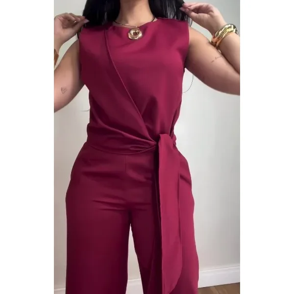 أنيقة 2 قطعة مجموعة المرأة خريف 2025 الشارع الشهير سيدة بدوره Dwon طوق بلا أكمام مع السراويل الطويلة دعوى الصلبة ضئيلة حزب الزي