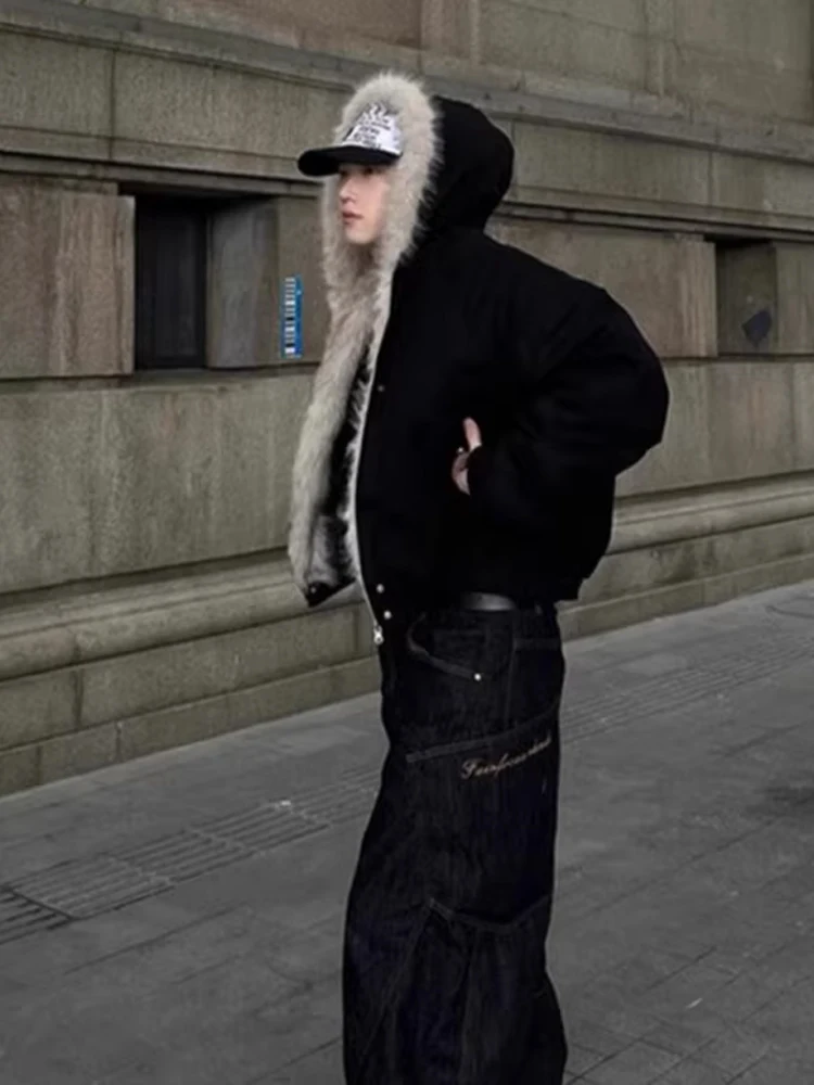 الشتاء Thiened الدافئة القطن Jaet الرجال ort Sle مقنعين الفراء طوق الأمريكية Sle معطف جلد الشباب Faion الوقوف صالح #5