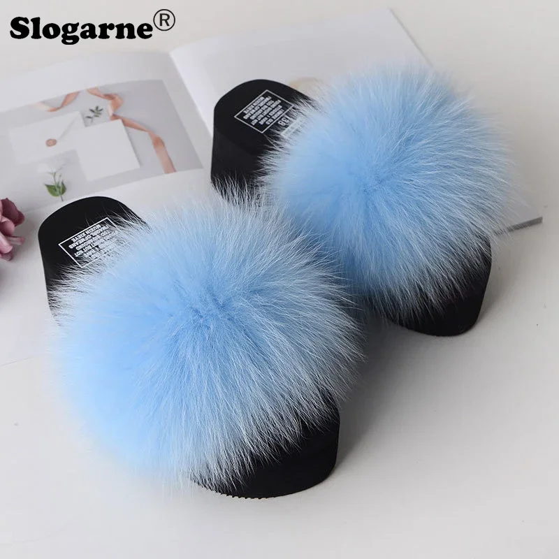 Ladies Modern Fox Fur Slippers Women Fashion Outdoor Fur Slides 5cm Thick Sole Summer Platform Shoes Girls High Heels Flip Flops