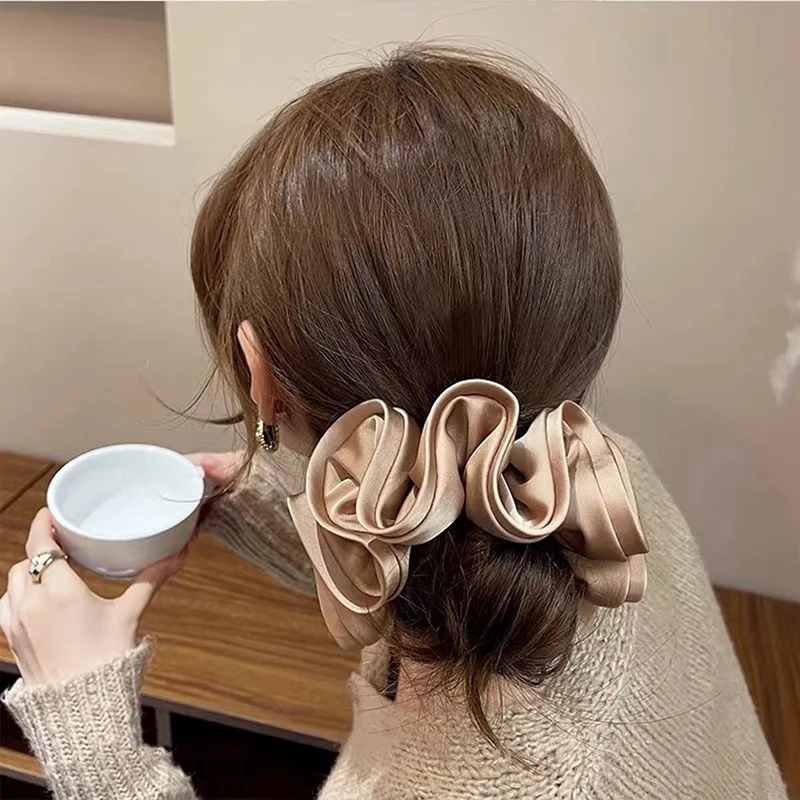 Coleteros de satén de gran tamaño para mujer, lazos para el cabello de lujo Vintage, banda elástica grande para el cabello, accesorios para el