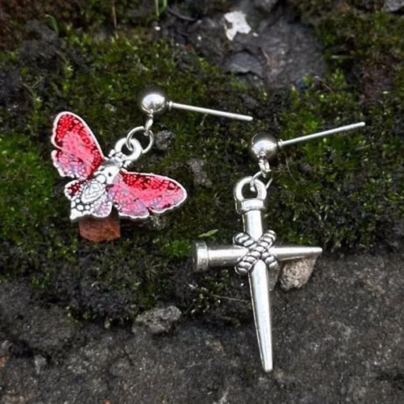 1 Pair Beautiful Korean Fashion New Popular Stainless Steel Earrings Asymmetrical Set of Cross Moth Skull Earrings Earrings Gift