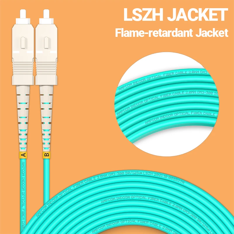 AMPCOM-OM3 SC to FC UPC 광섬유 패치 케이블, 다중 모드 이중 척도 50/125μm 10Gbps 구부러지지 않는 2.0mm 광섬유 코드