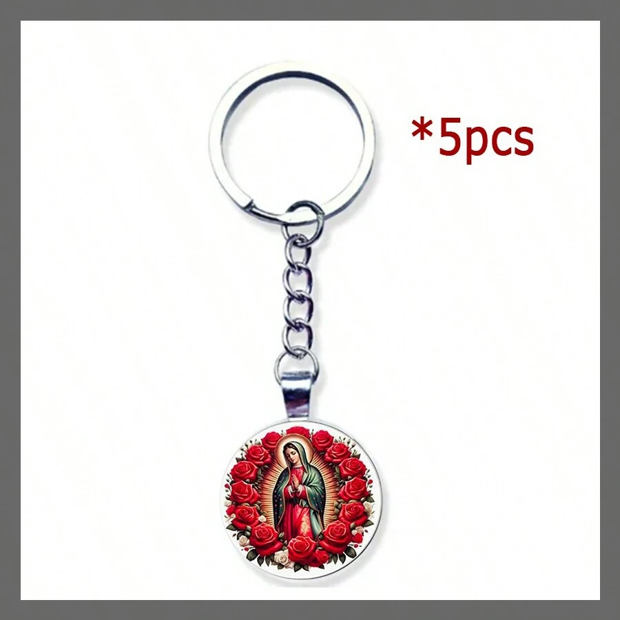 5pcs Rose Virgin Mary Round Keychain Bag Pendant Car  Pendant