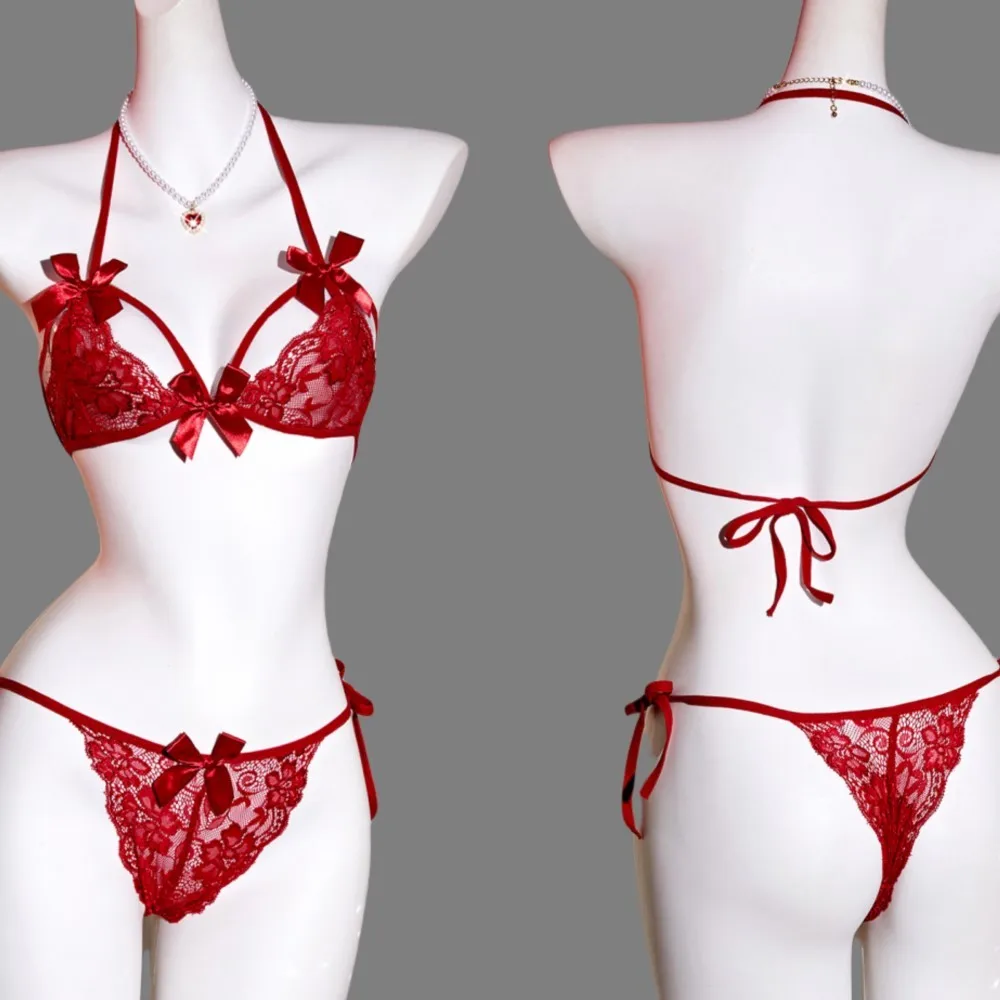 2 Pcs Sling Halter See Through Exotic Bra Brief Set For Women Strap Lingerie Lace Embroidery Bow Ultra Thin Transparent Thong