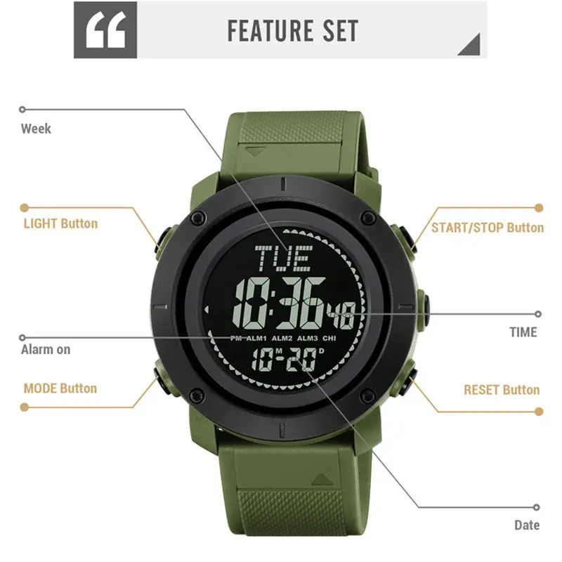 SKMEI Genuine Digital Watch Army Green Camouflage World Time Compass Chimes all'ora un orologio per viaggi e avventure 2095