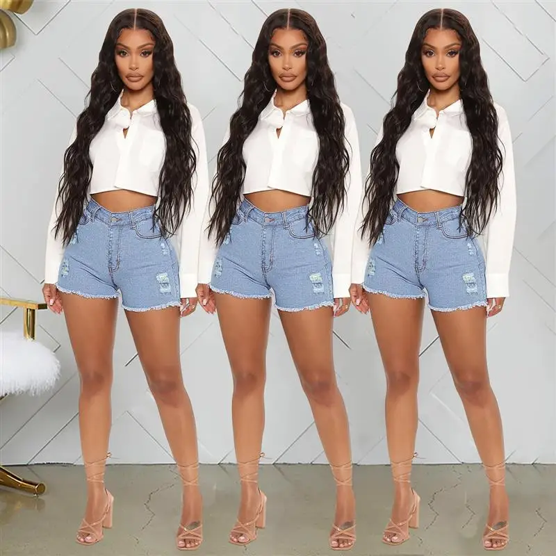 

Модные рваные джинсовые орты для женщин с высокой талией, прямые ноги синего цвета ZT009, трансграничные модные женские джинсы orts