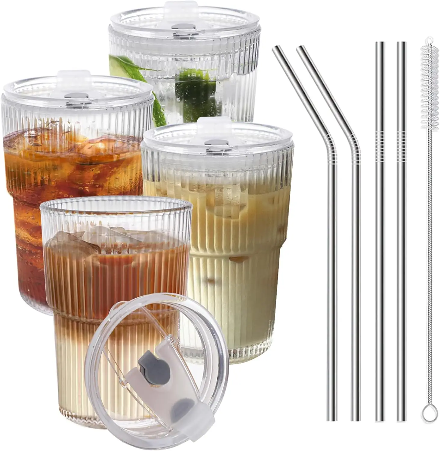 

4-Pack 16oz Clear Reusable Iced Coffee Cups with Lids & Straws, Unbreakable Dishwasher Safe