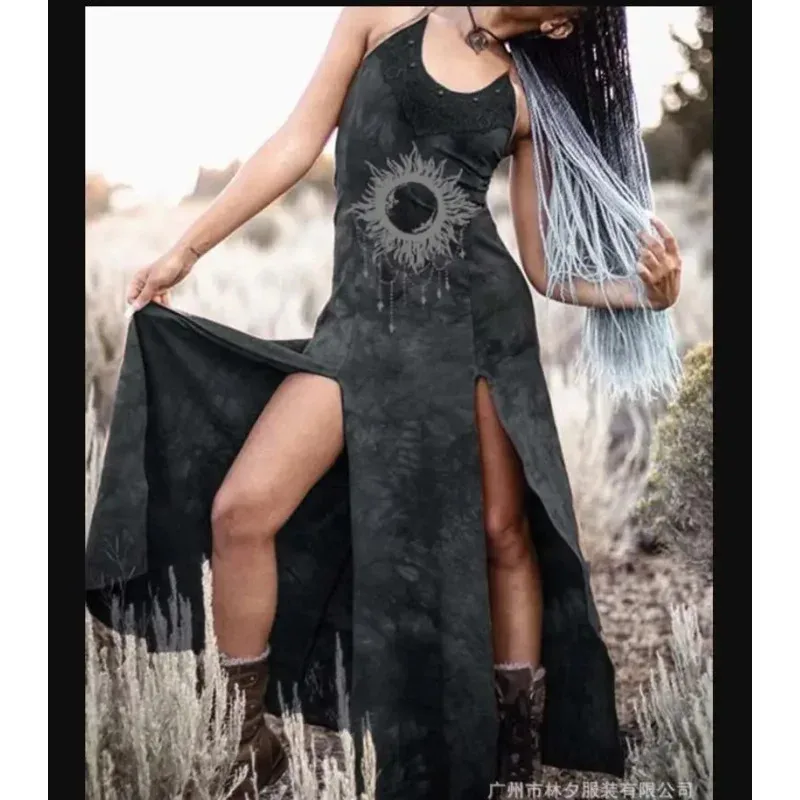Abito Boho vintage da donna HIippie gotico medievale luna stampa sole scollo all'americana diviso maxi abito estivo costume da strega di loto ZZs;2,