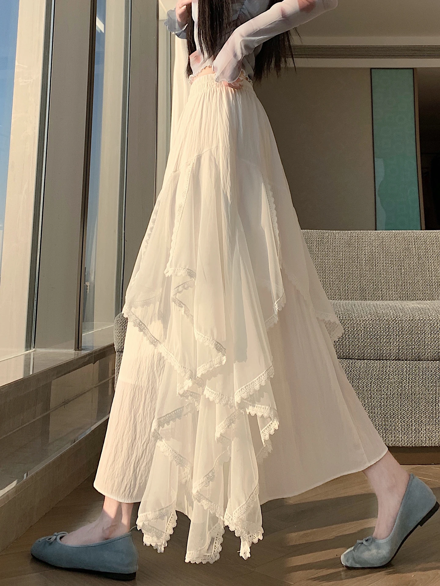 

Юбка с высокой талией, асимметричная, с кружевом, многоярусная, женская, весна-лето, красивая, расклешенная, А-силуэт, корейский стиль, для повседневной носки