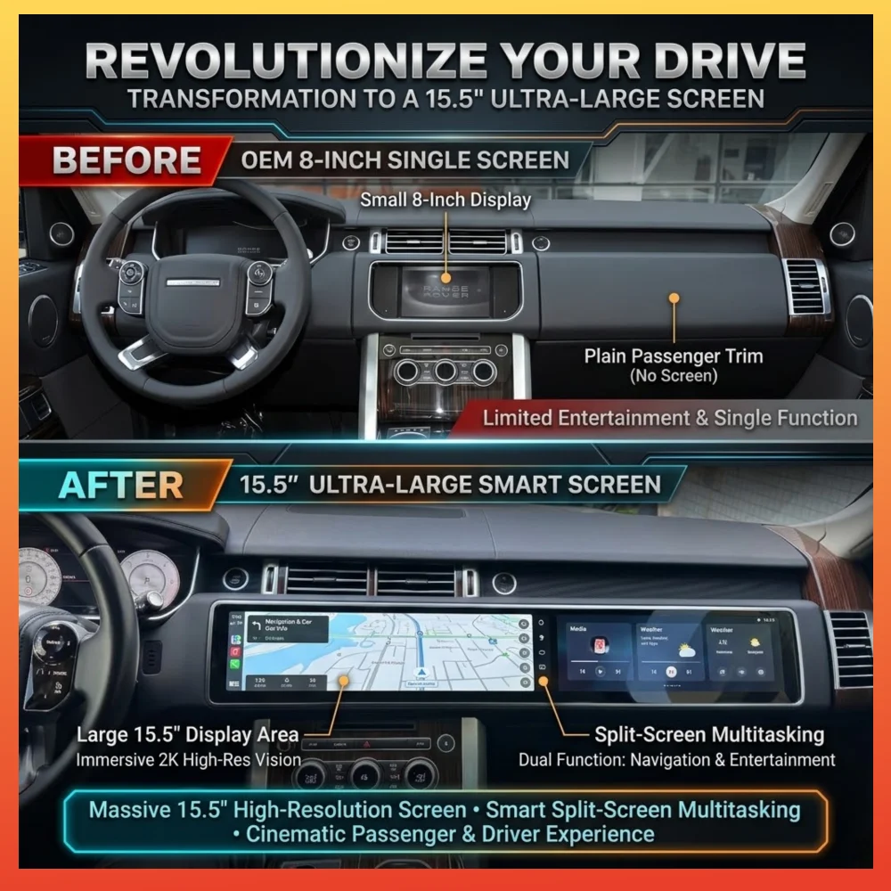 15.5 Inch Dual Screen Android Head Unit Old To New Upgrade For Range Rover Vogue L405 2014-2019 Wireless CarPlay Android Auto