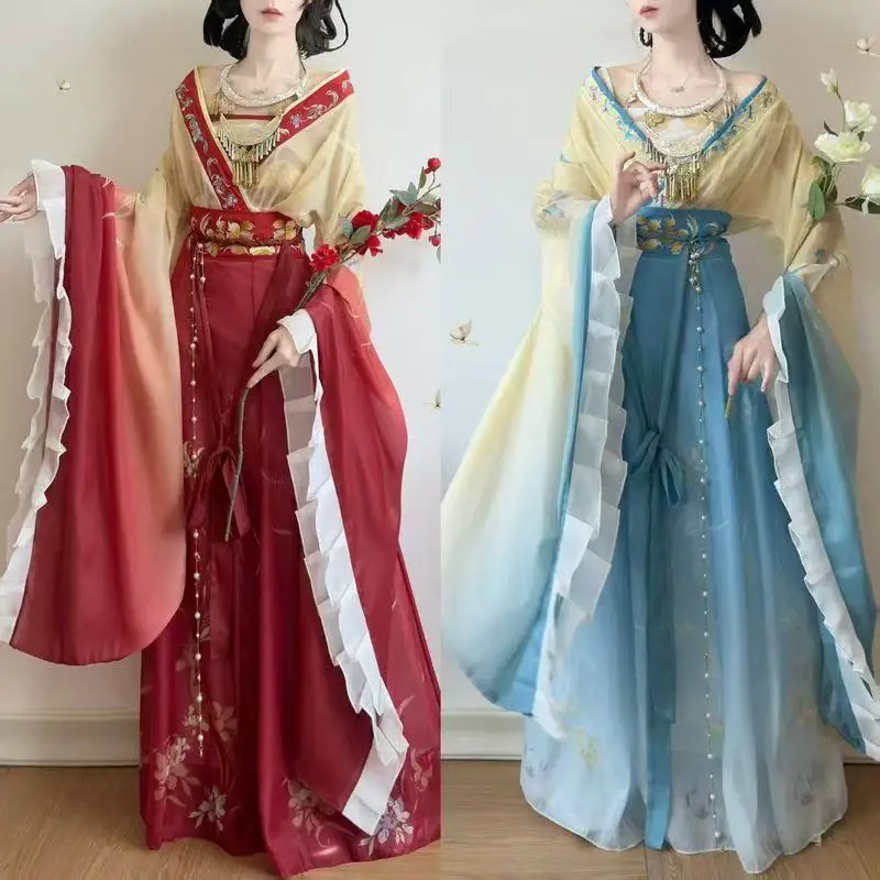 Palace Style Women's Hanfu Traditional Chinese Large Sleeve Clothing Wei Jin Dynasty Embroidered Suits Halloween Cosplay Hanfu