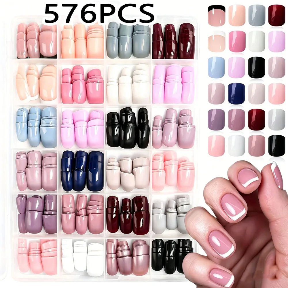

288/576 шт. однотонных коротких квадратных накладных ногтей разных размеров, глянцевые, разноцветные, с полным покрытием, летние, многоразовые, французские, искусственные ногти