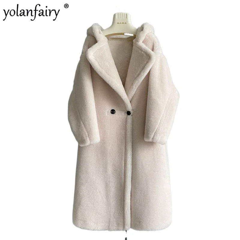 

Female Real Fur Coats Teddy Bear New Double Row Button Hooded Long Sheep Shearing Coat Women Grain 100% Pure Wool Coat Winter FC