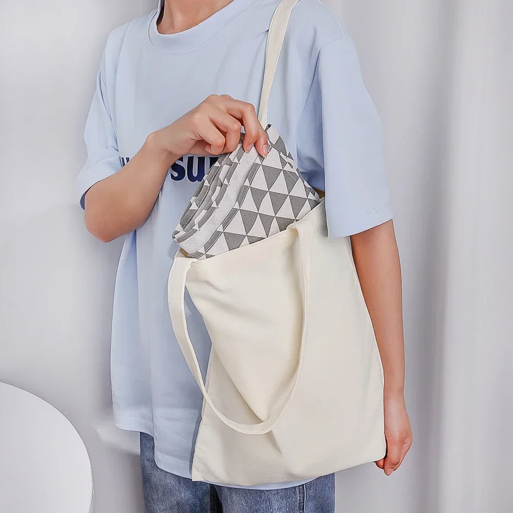 White Large Capacity Canvas Shoulder Handbag Folding Eco-Friendly Cotton Tote Bag Reusable DIY Painting Shoulder Bag Grocery Bag