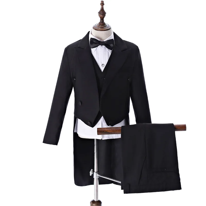 Boys Black Long Tuxedo Dress Jacket Vest Pants Photography Suit Children Luxurious Piano Performance Costume Kids Wedding Wear