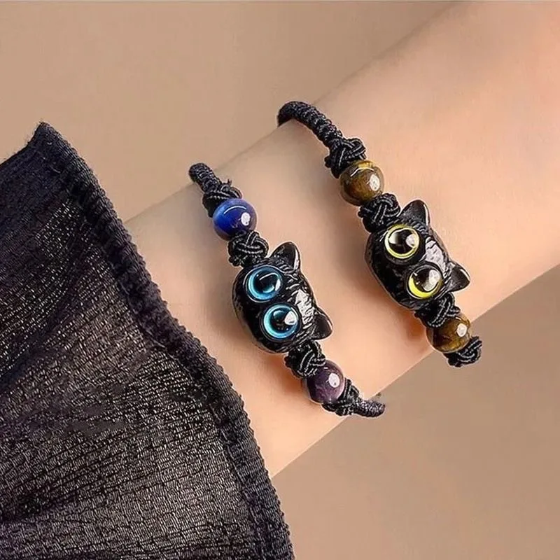 Harajuku Cute Black Cat Bracelet For Women Men Funny Cartoon Big Eye Animal Braided Rope Bracelets Lover Friendship Jewelry Gift