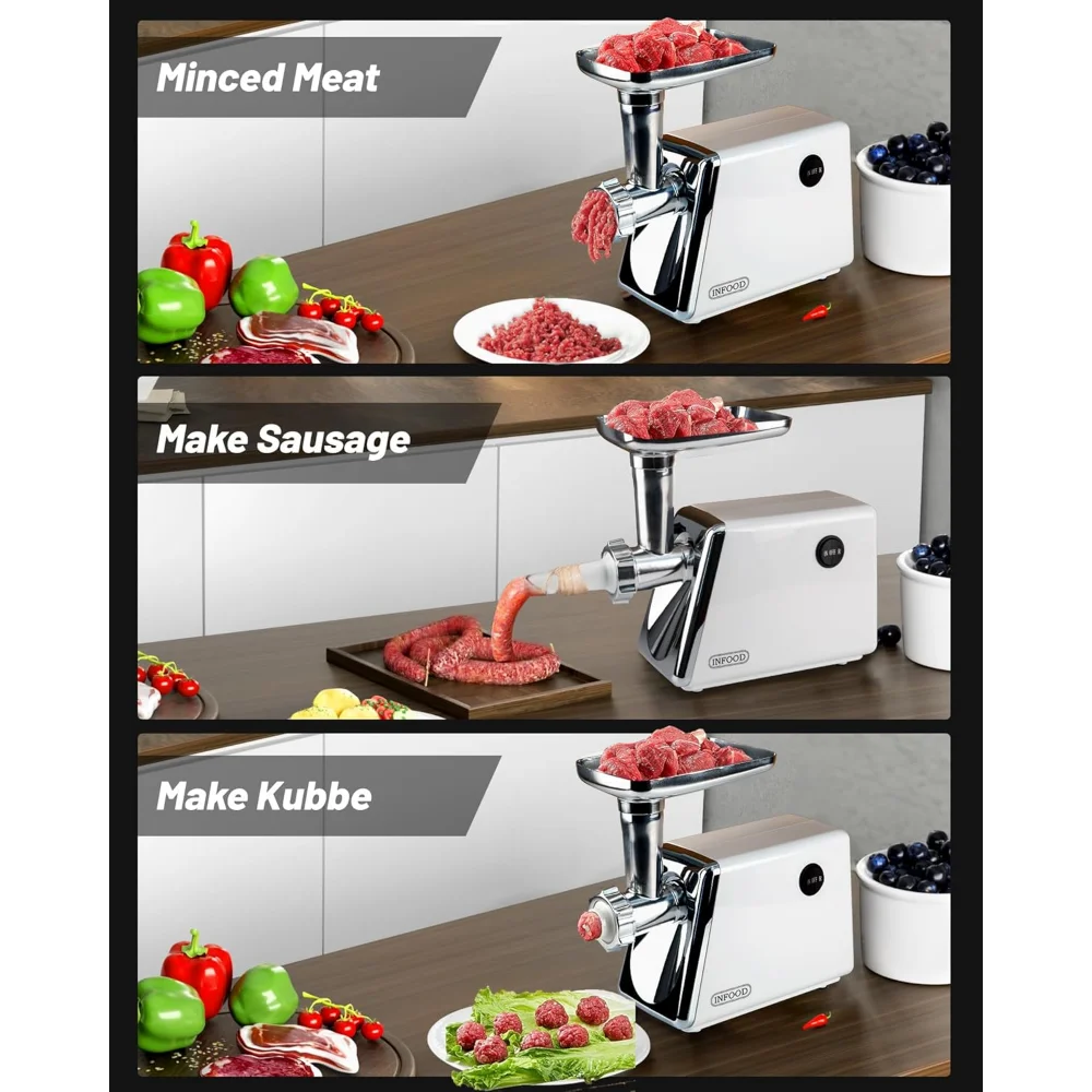 3000W Max Meat Grinders with Stainless Steel Cutting Blade, 3 Grinding Plates, 1 Sausage Maker & 1 Kubbe Kit for Home Kitchen