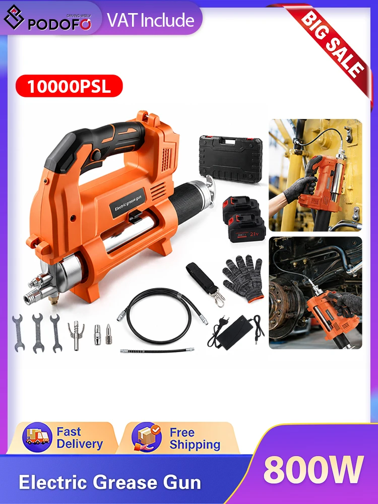 Podofo 10000PSL 800W Elektryczny pistolet do smarowania bezszczotkowy 600CC Ulepszony pistolet do smarowania z oświetleniem, 2 bateriami i wężem 50 cm Elektryczny wtryskiwacz oleju do smarowania dla (with 1 battery) — Zdjęcie 2 z 2