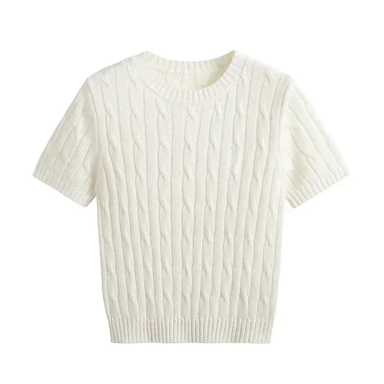 Spring and Autumn Embroidery Woolen Korean Fried Dough Twists Knitted Short Sleeve Knitted Shirt American Vintage Round Neck