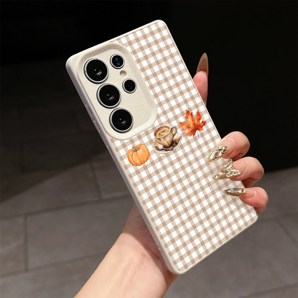 Autumn Pumpkin Checkered Pattern Lychee Texture Phone Case for Samsung Galaxy A56 A57 A55 A54 A53 A52 A51 A37 A36 A14 Soft Cover