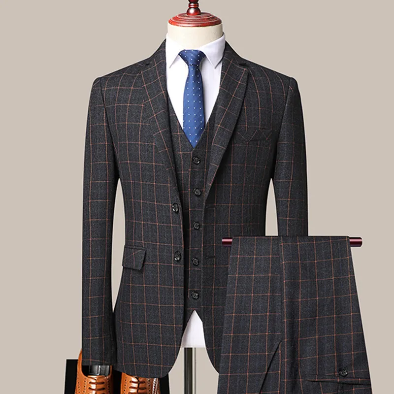 3 Pcs Blazers Pants Vest Set / 2023 New Men\'s Business Professional Classic Fashion Banquet Plaid Coat Waistcoat 2 Pcs Suits